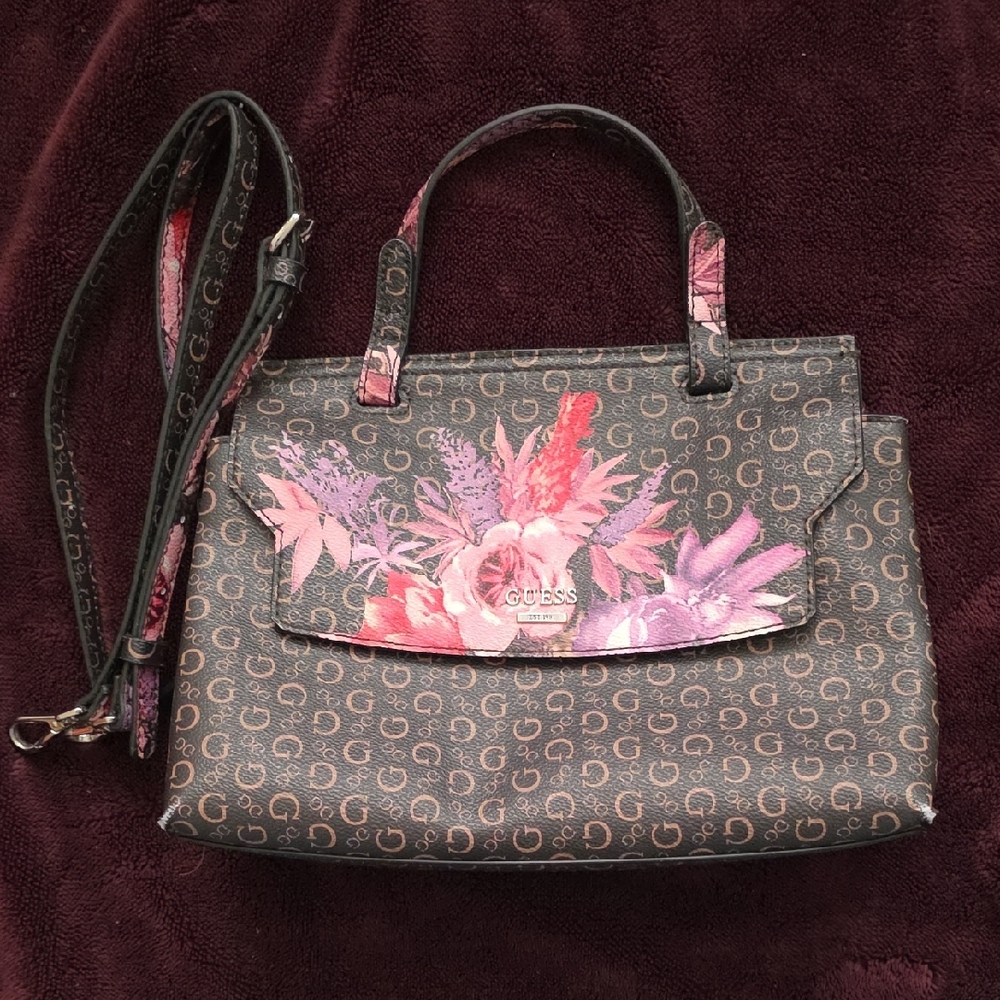 Guess Mocha Floral Leather Handbag Convertible Shoulderbag